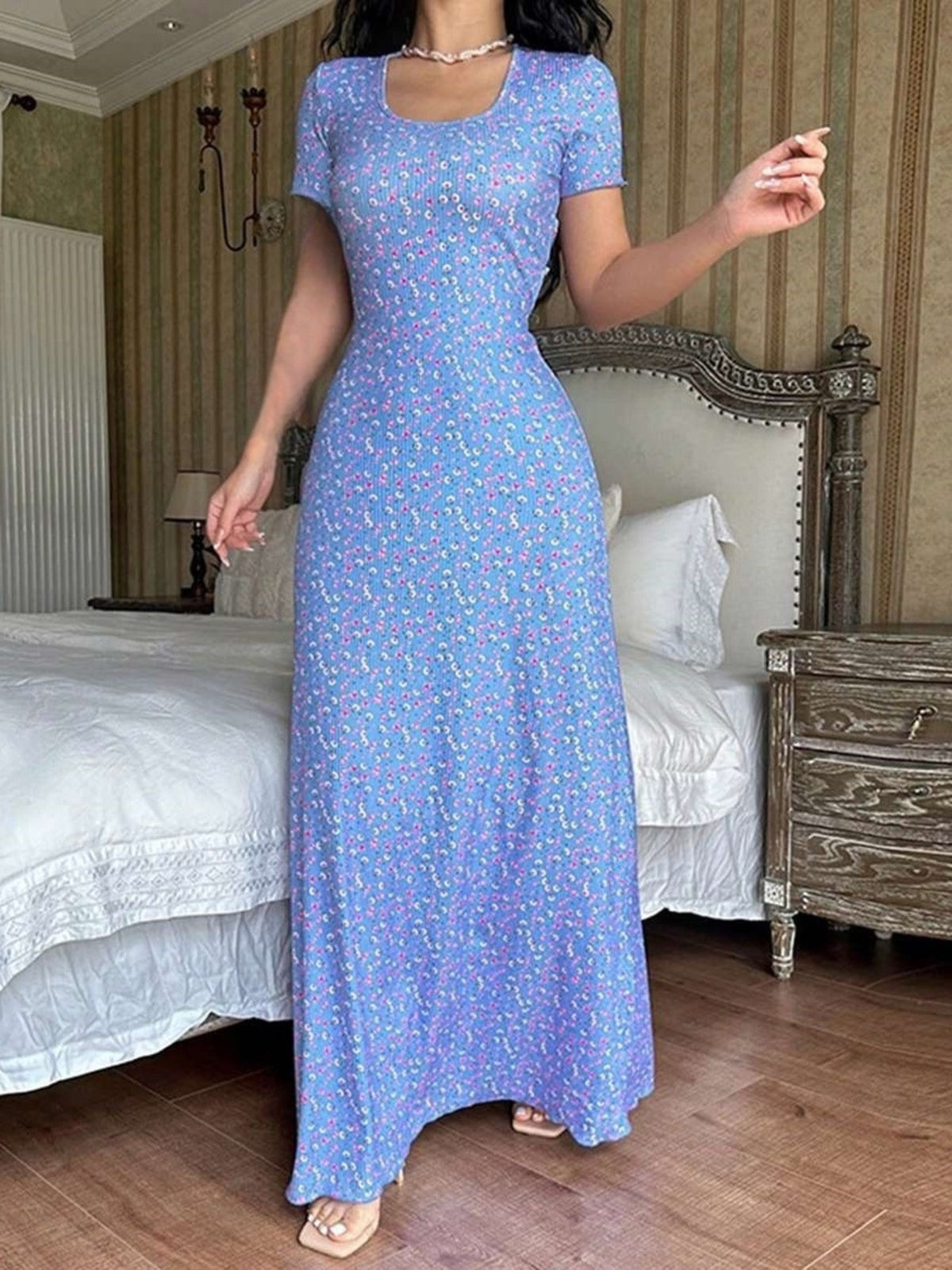 periwinkle maxi dress with ditsy floral and square neck
