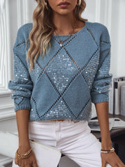 Dusty Blue knit sweater with diamond pattern and sequin detail.