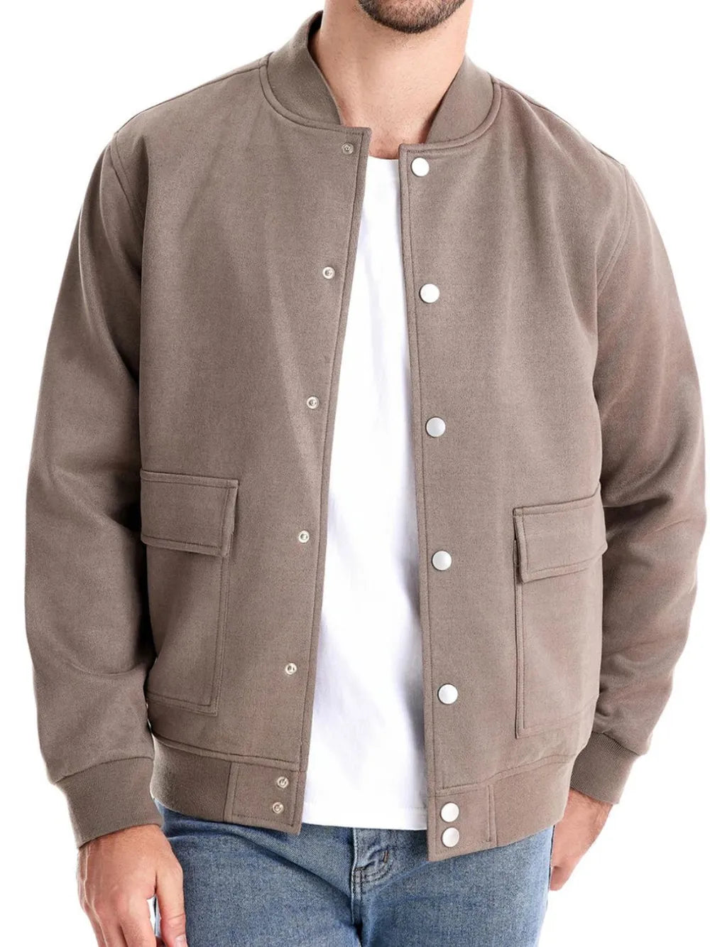 Taupe suede-effect bomber jacket with snap closure and chest pockets.