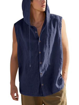Men's navy blue hooded sleeveless button-up shirt with drawstring