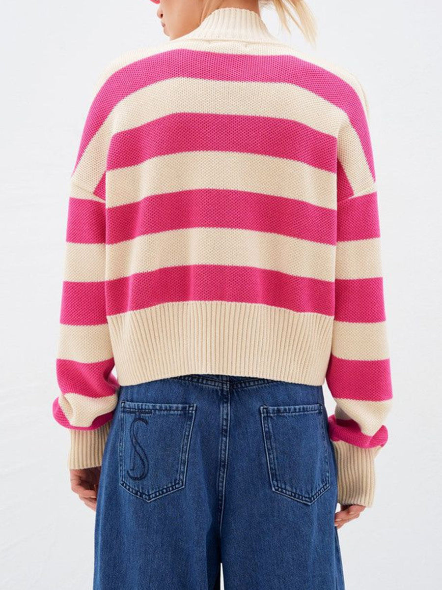 Cropped stripe knit cardigan in pink and cream acrylic with a high neck and ribbed cuffs.