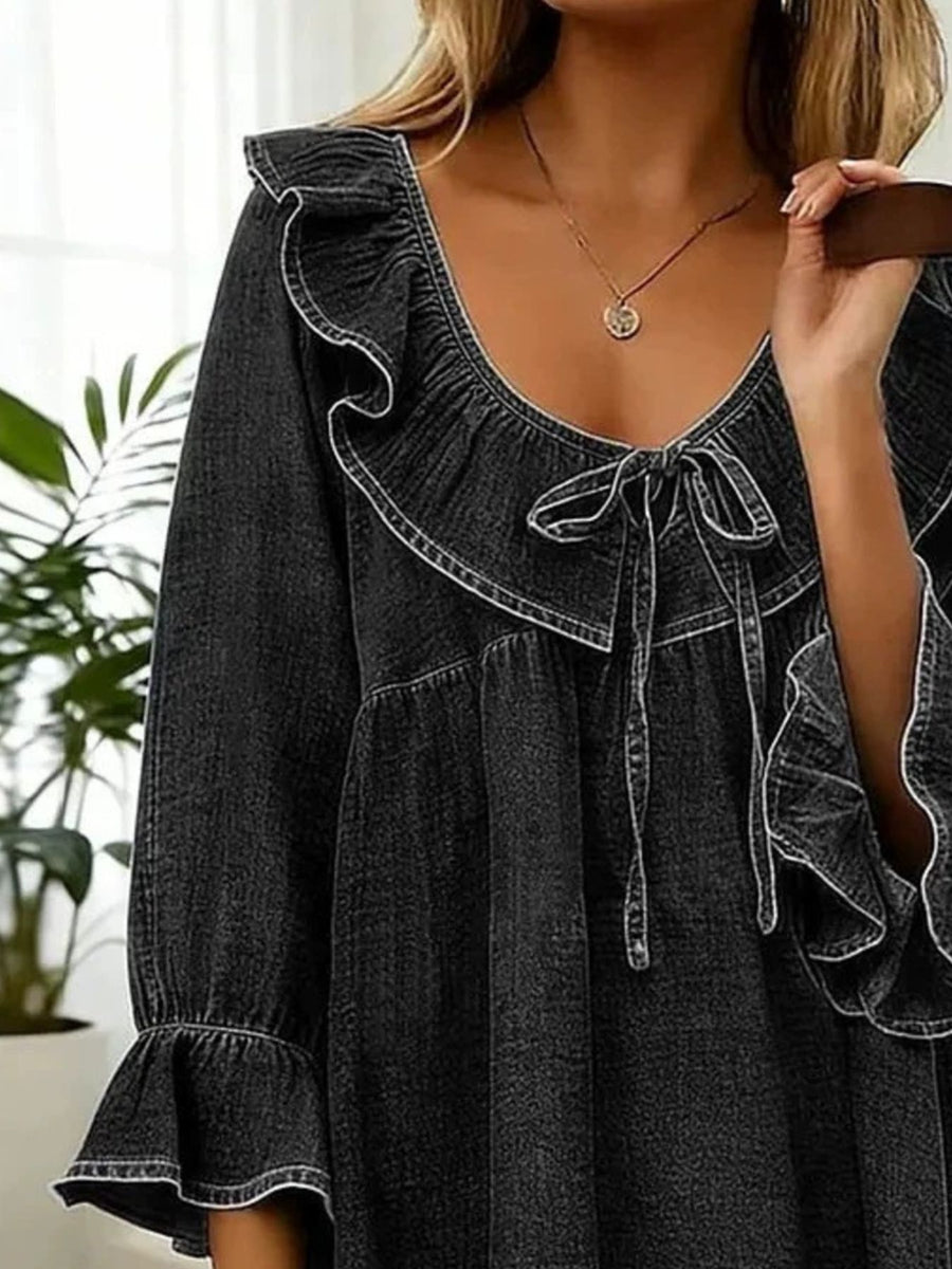 boho blouse in medium wash denim with v-neck