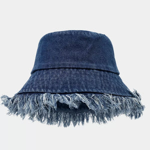 hat in navy blue featuring frayed and relaxed fit