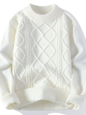 ivory pullover sweater with cable knit and crew neck