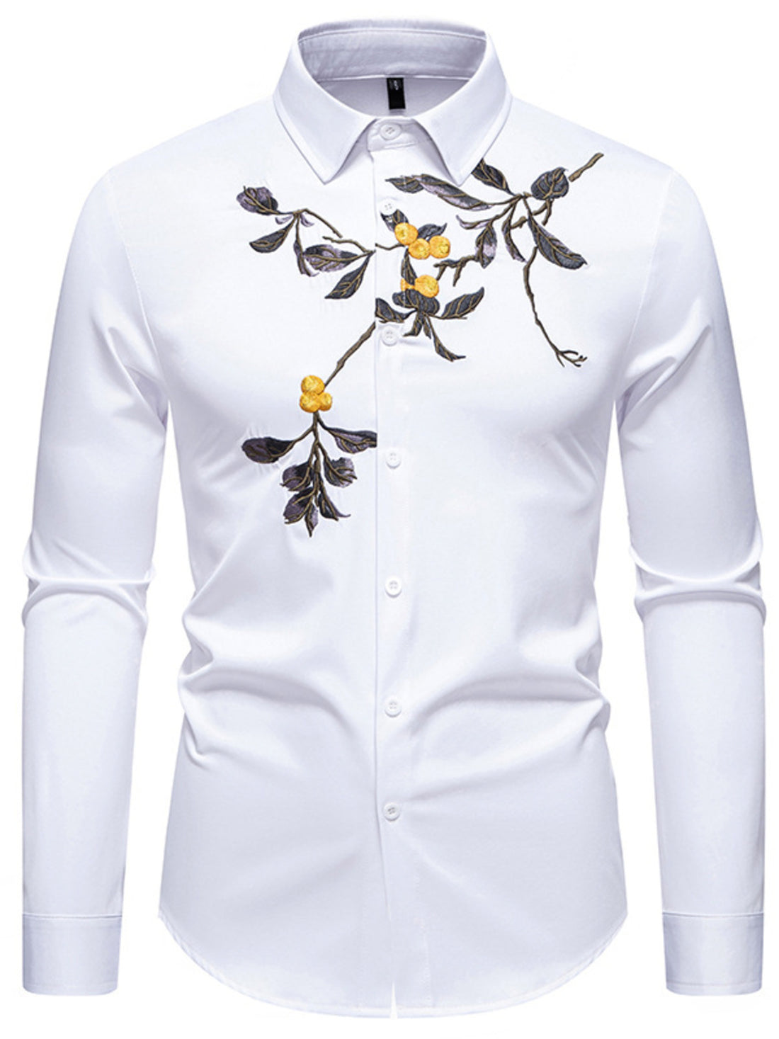 Men's white cotton button-down shirt with embroidered floral branch detail.
