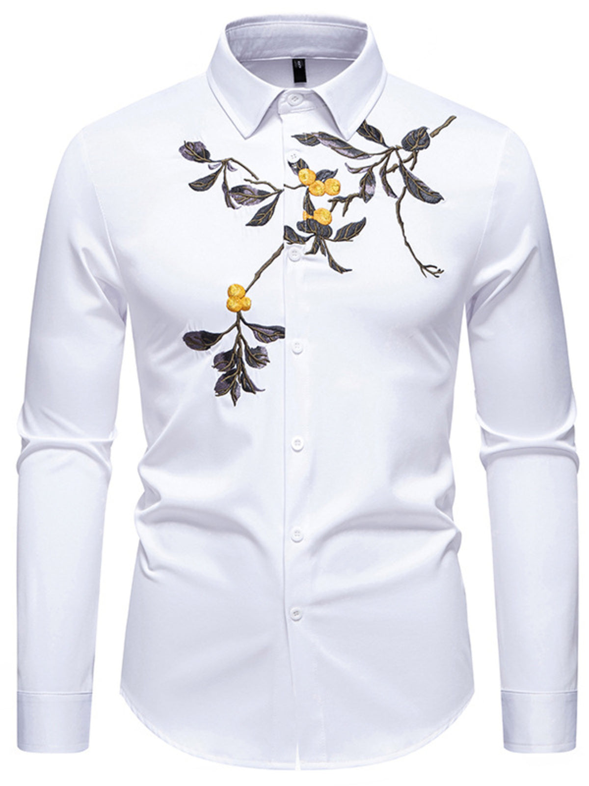 Men's white cotton button-down shirt with embroidered floral branch detail.