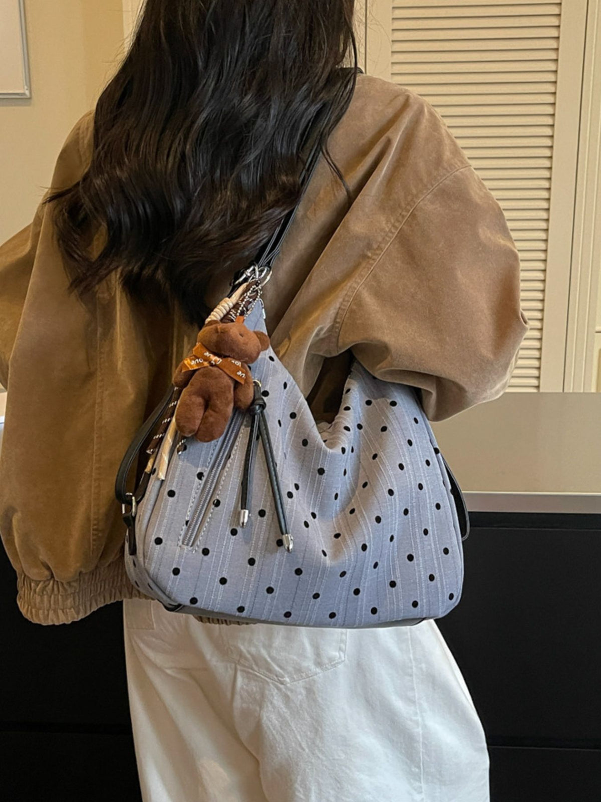 light blue Polyester Imported Size &amp shoulder bag with polka dot and zip-front