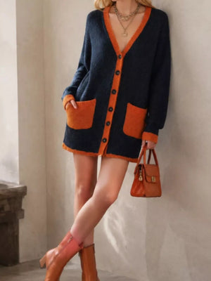 rust cardigan featuring buttoned and color-block