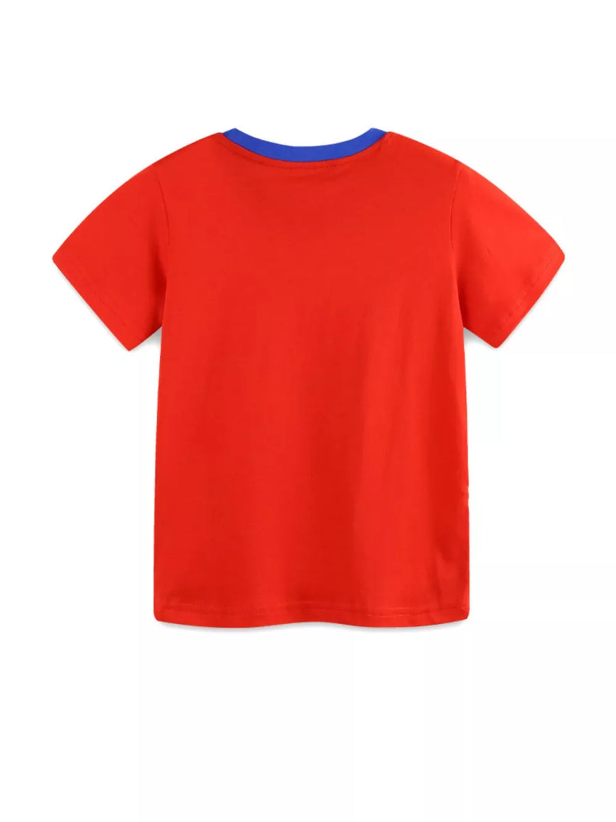 Children's red t-shirt with blue collar and short sleeves.