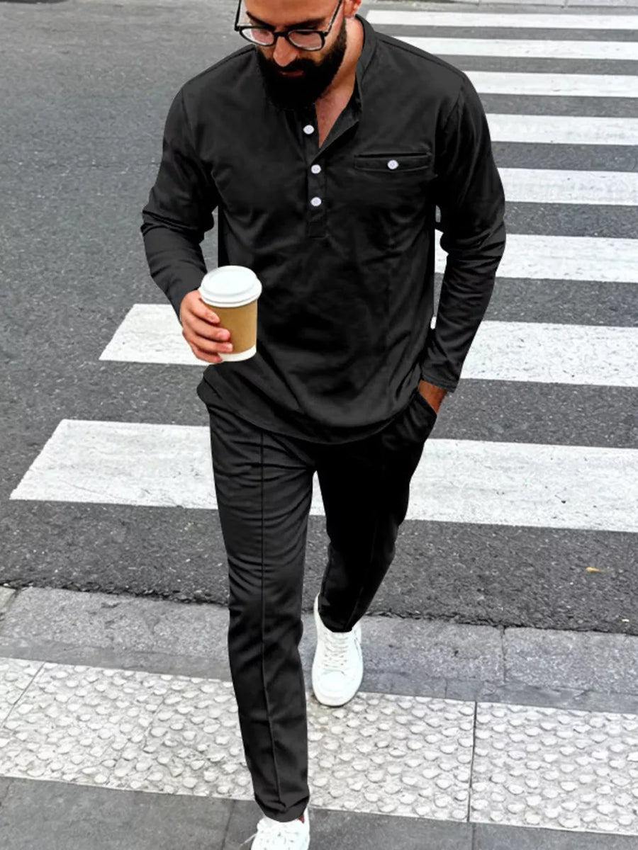White henley with chest pocket and long sleeve