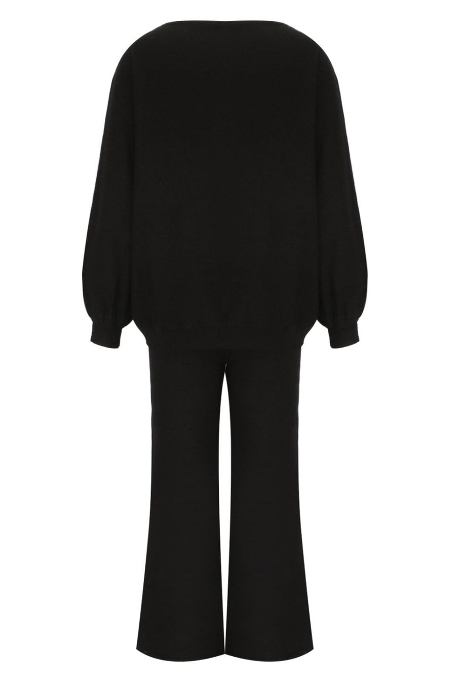 Black loungewear set with balloon sleeves and wide-leg pants.