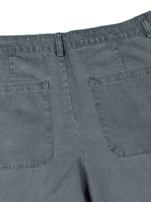 Grey cotton sweatpants with wide legs, button closure, belt loops, and back pockets.