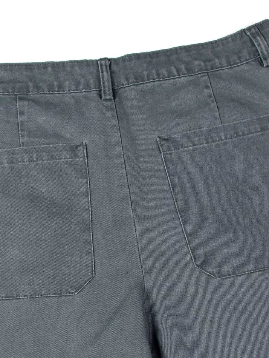 Grey cotton sweatpants with wide legs, button closure, belt loops, and back pockets.