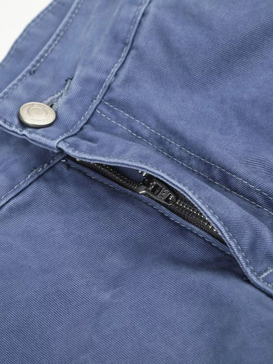 Blue maternity cargo capris with button and zipper detail