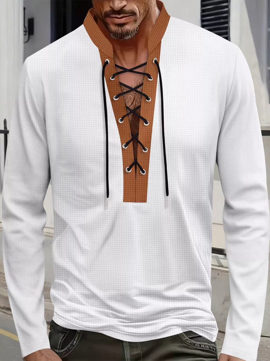 Khaki with Men's Vintage Lace-up Long Sleeve Henley Plus Size in Khaki