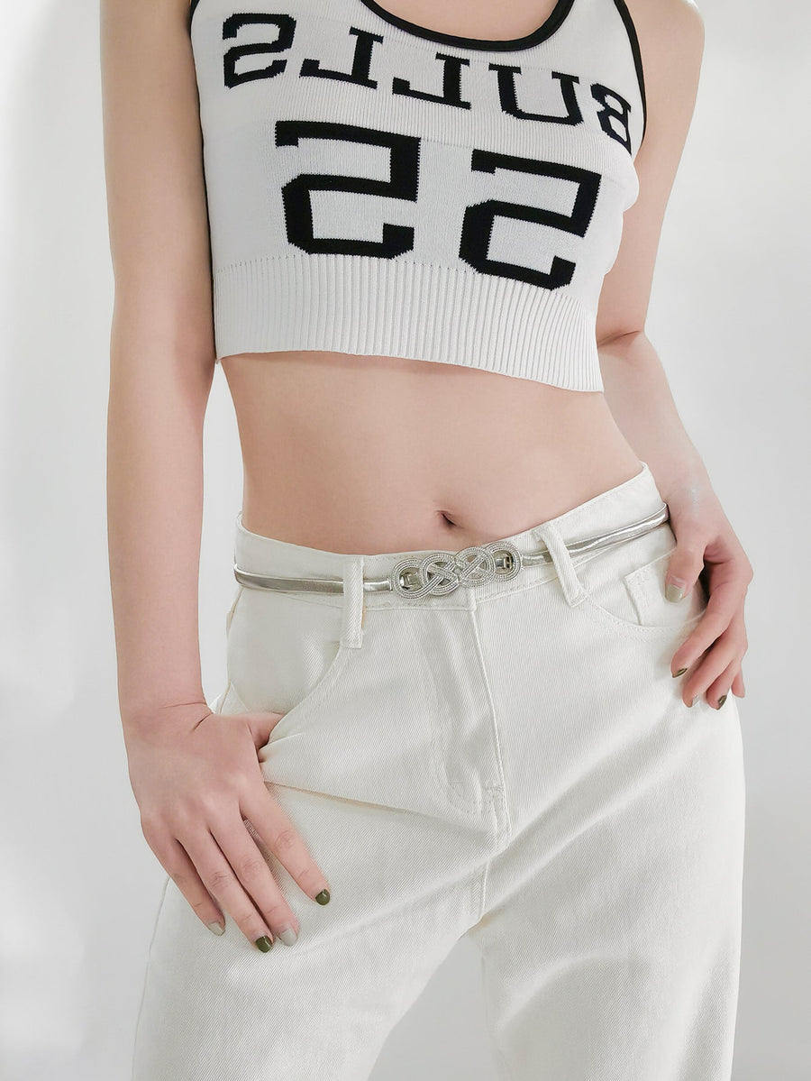 Silver intertwined knot waist belt with a metallic finish.