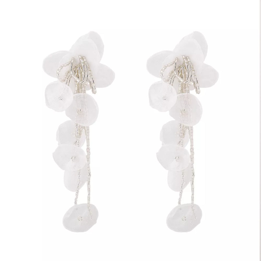 earrings featuring floral in blush pink with Rice pearls, Yarn Care instructions: 1 texture