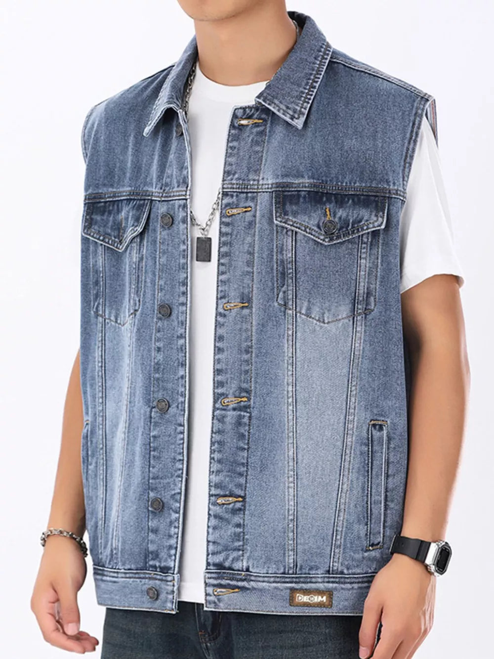 Men's light wash denim vest with collar, button front, and chest pockets.