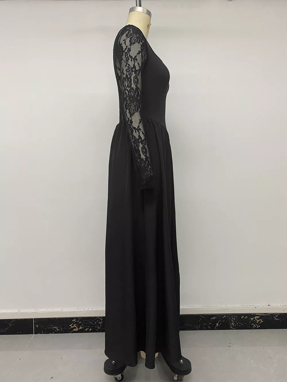 Square Neck Sheer Sleeve Maxi Dress in Black with lace