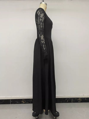 Square Neck Sheer Sleeve Maxi Dress in Black with lace