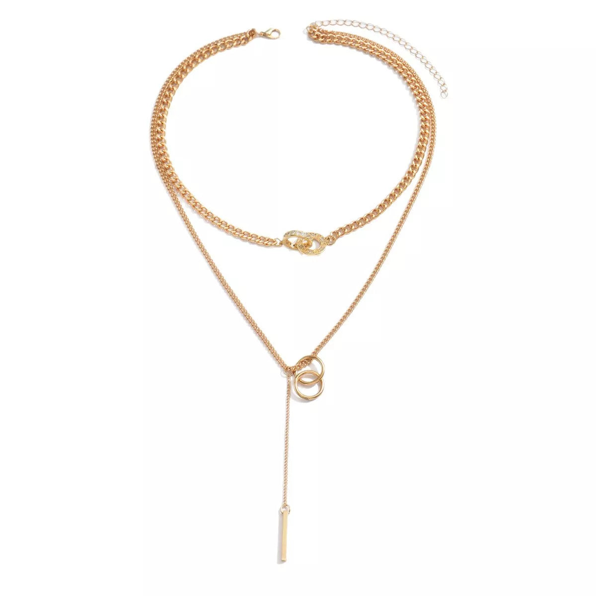 Gold layered Y-shaped pendant necklace with interlocking rings and bar detail
