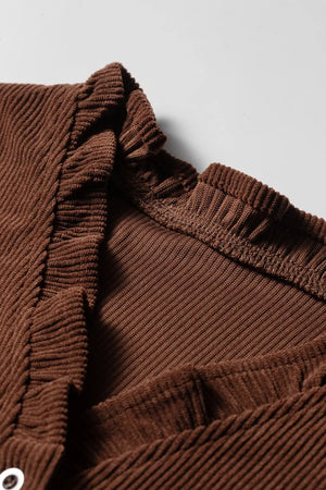 Solid Color Ruffle Trim V Neck Corduroy Jacket option 7