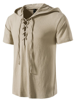 Men's short sleeve hooded top in beige with lace-up neckline