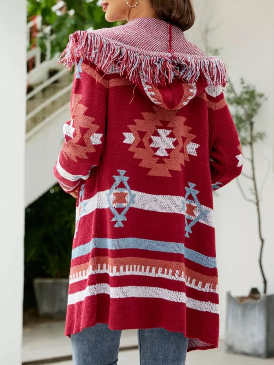 Deep Red with Fringe Geometric Hooded Cardigan