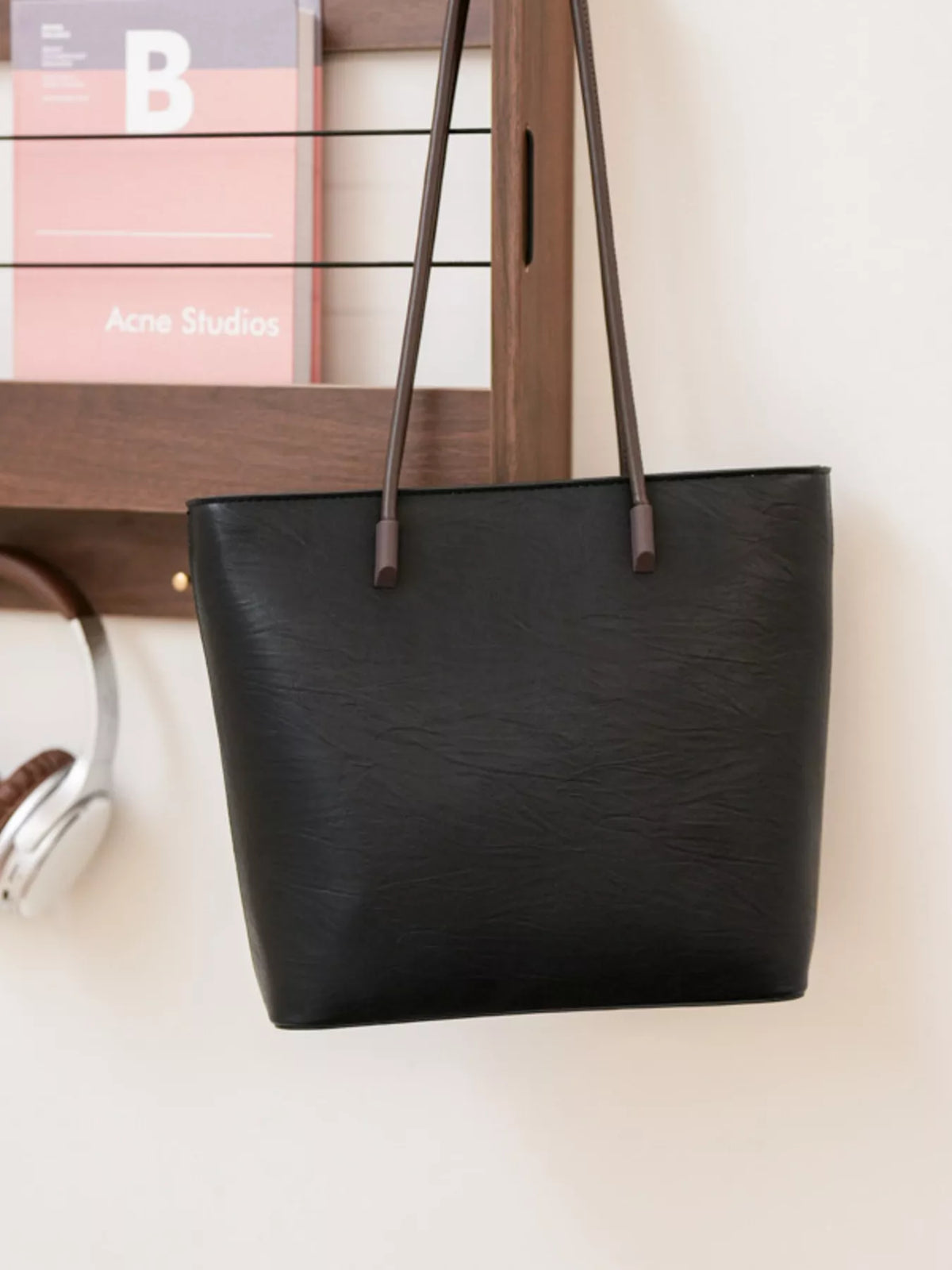 Black PU leather shoulder tote bag with thin straps