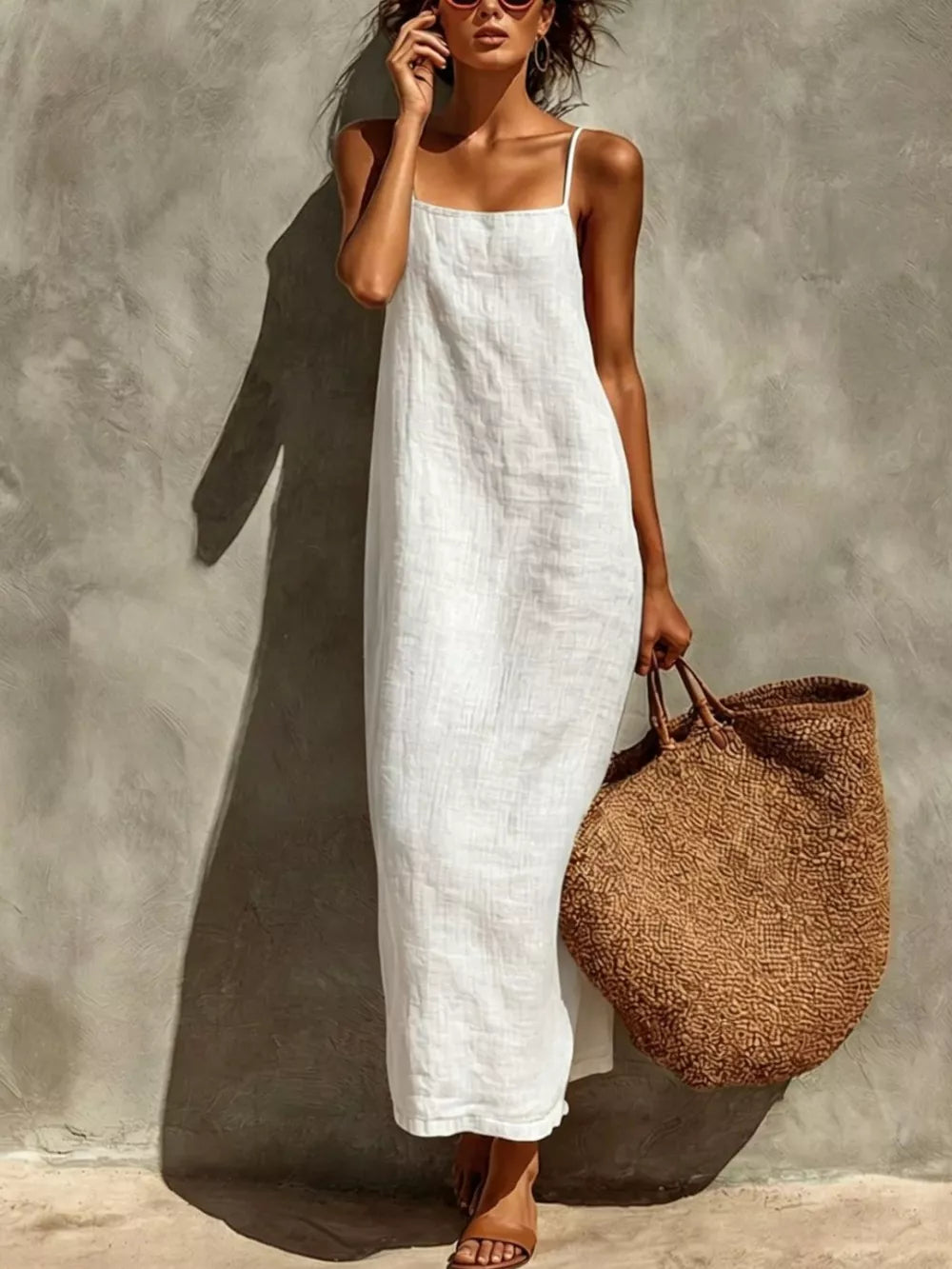 White linen-blend maxi dress with spaghetti straps and a relaxed fit.