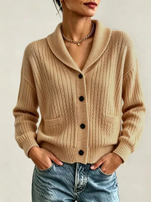 White Full Size Shawl Collar Cable Knit Cardigan