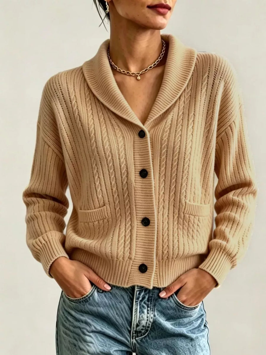 White Full Size Shawl Collar Cable Knit Cardigan