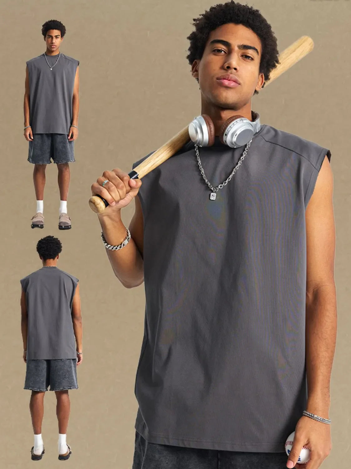 Boxy shoulder cut tank top in dark gray with a relaxed fit.