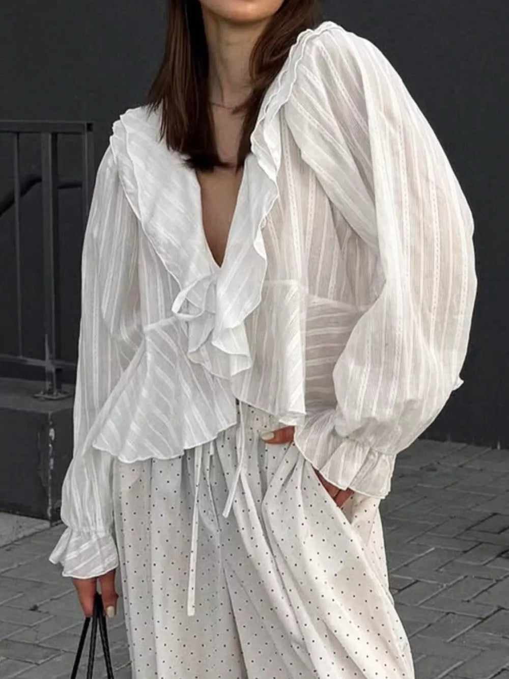 blouse in White with striped and frill