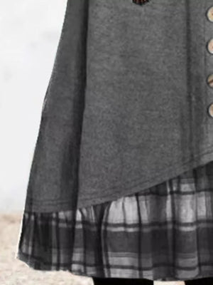 Dark Gray Asymmetrical Plaid Patchwork Long Sleeve Dress