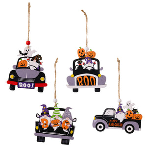 Halloween car-shaped gnome ornaments with pumpkins and ghosts, multicolor wood.