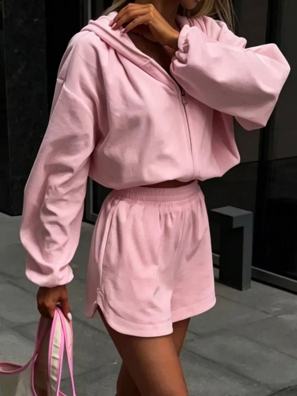Blue with Long Sleeve Zip-up Hoodie And Shorts Set