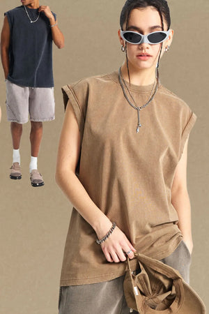 Washed cotton muscle tee in Khaki with relaxed fit and rolled sleeves.