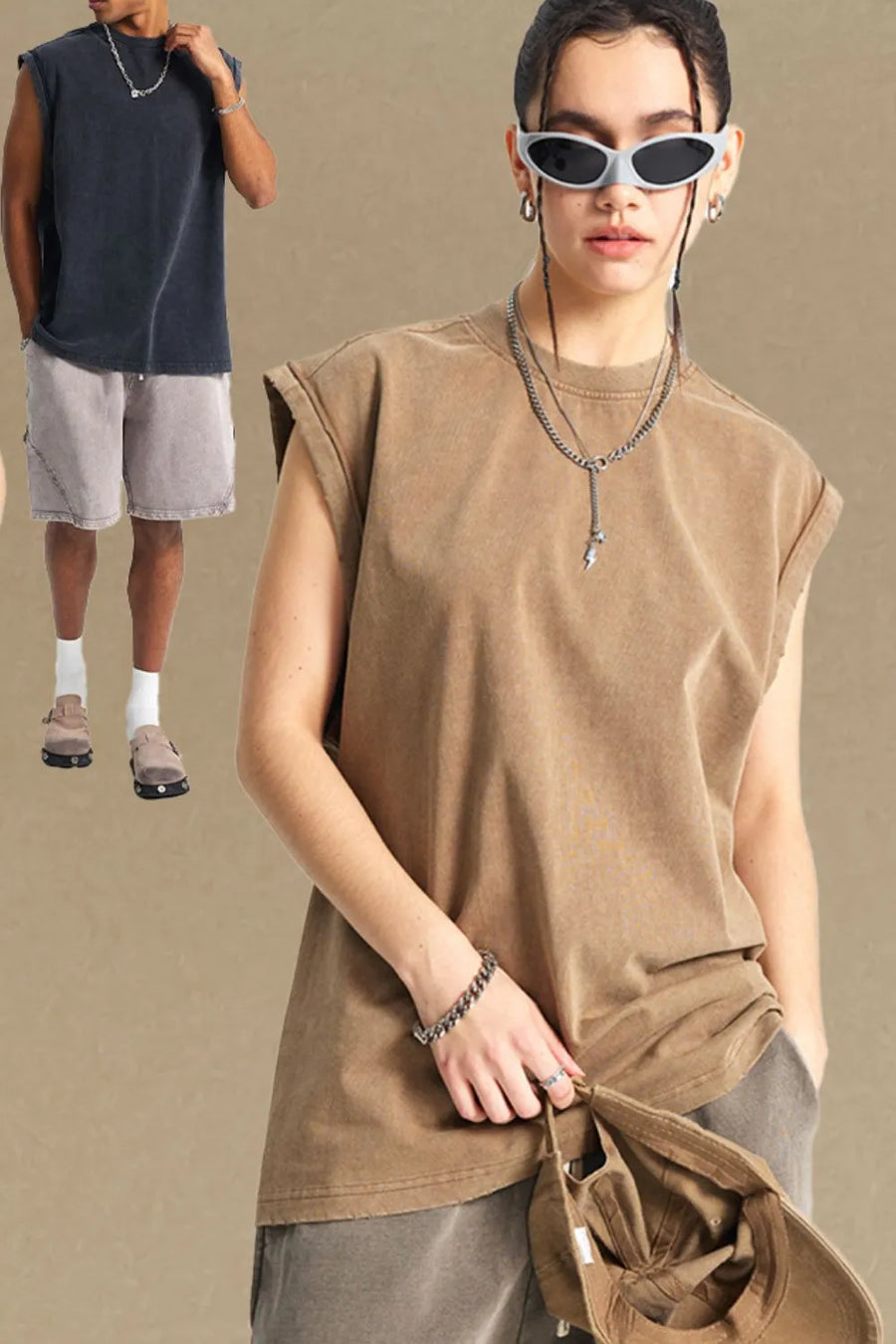 Washed cotton muscle tee in Khaki with relaxed fit and rolled sleeves.