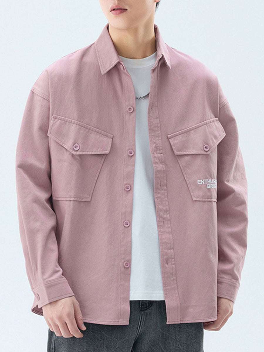 Men's pink cotton casual button-up shirt with chest pockets