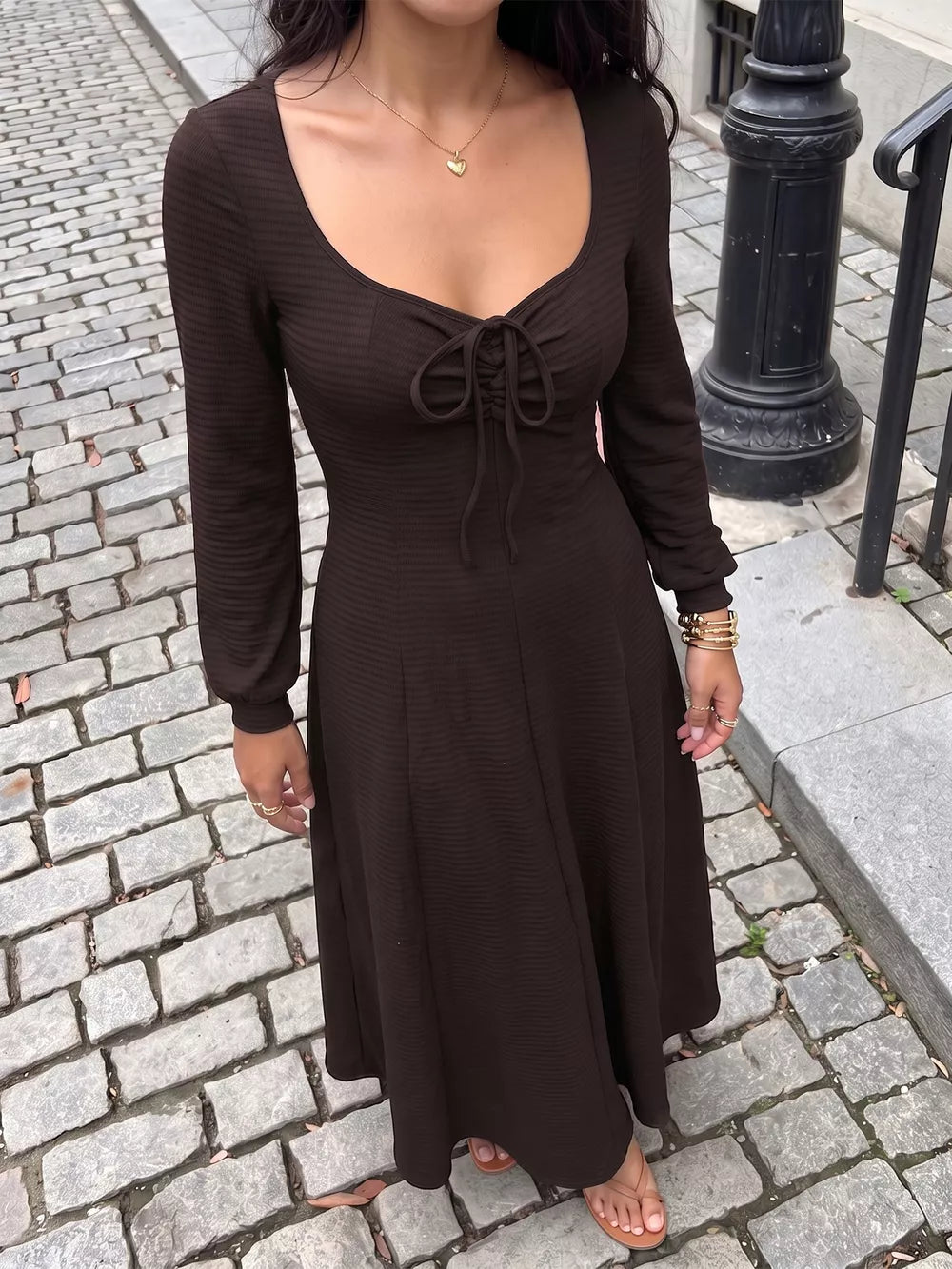 Brown Long Sleeve Tie-front Maxi Dress