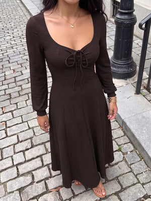 Brown Long Sleeve Tie-front Maxi Dress