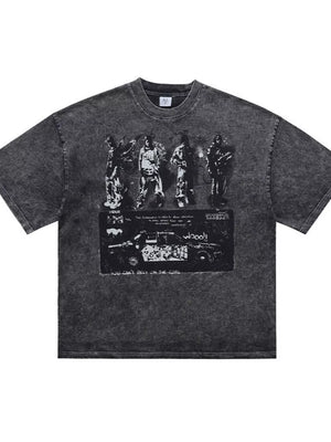 Dark gray distressed cotton crew neck t-shirt with vintage graphic print of figures and a car.