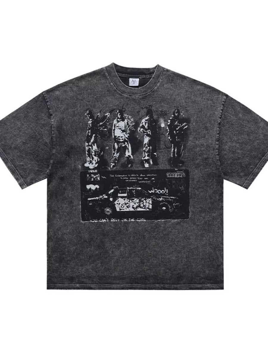 Dark gray distressed cotton crew neck t-shirt with vintage graphic print of figures and a car.