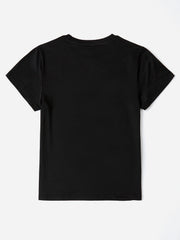 Black crew neck t-shirt with iridescent heart and cross appliqué detail on front.