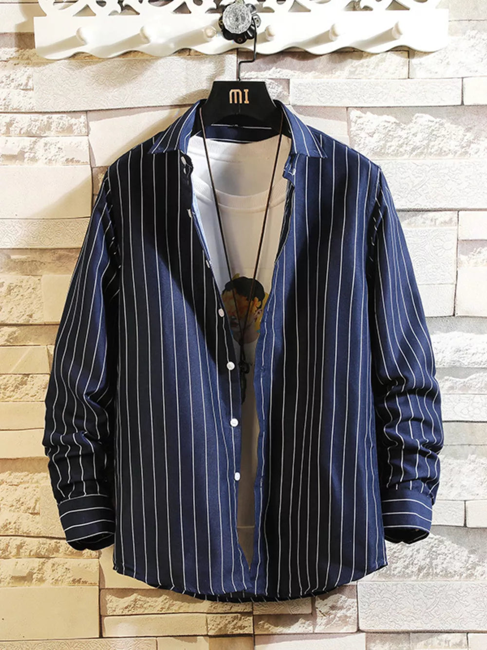 White Men's Plus Size Striped Button Up Casual Shirt