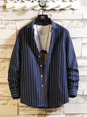 White Men's Plus Size Striped Button Up Casual Shirt