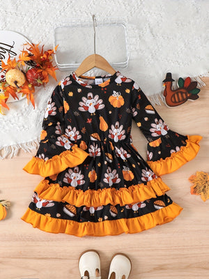 orange fit-and-flare dress featuring ruffled and turkey print