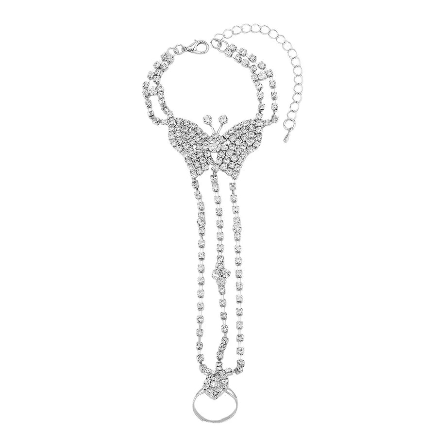 Alloy, Rhinestone, Silver-plated Care instructions: Avoid wearing during exercis hand chain bracelet in Silver with fitted