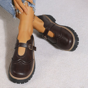 Buckle Round Toe Platform Loafers in camel with round toe